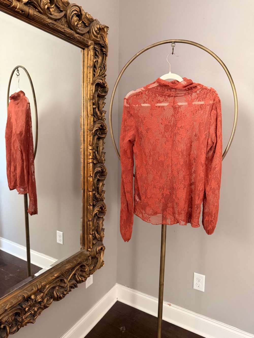 Free People Rust Coral Lace Long Sleeve Blouse